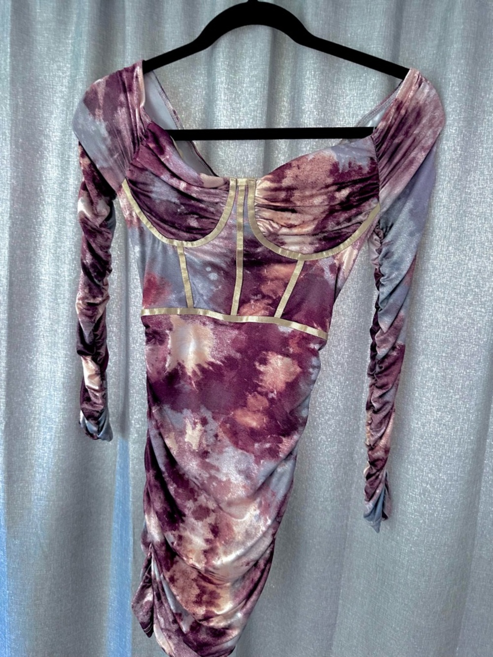 Forever 21 Plum Tie-Dye Velvet Long-Sleeve Dress with Gold Trim